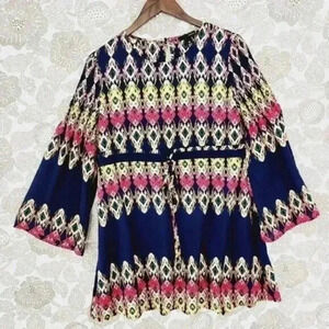 Aqua‎ Aztec Boho Crewneck Bell Sleeve Tied waist Chiffon Mini Dress S Lined